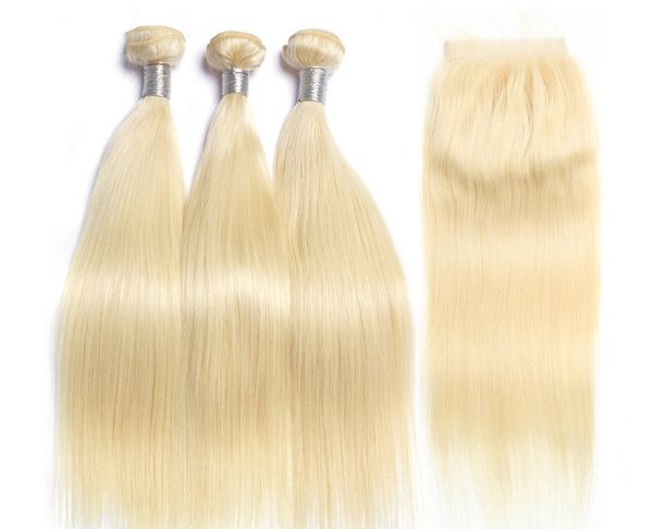 613 Bundles de tissage de cheveux brésiliens droits de cheveux blonds miel avec fermeture 4x4