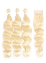 Paquetes de onda del cuerpo del cabello virgen brasileño con cierre con cabello de bebé 613 Rubio 3 piezas 100 paquetes de tejido de cabello humano con 44 encaje Cl4561176
