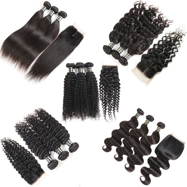 Bundles de cheveux vierges brésiliens avec fermeture vague de corps vague profonde crépus bouclés cheveux humides et ondulés tisse fermeture 3 faisceaux fermeture de dentelle de cheveux humains