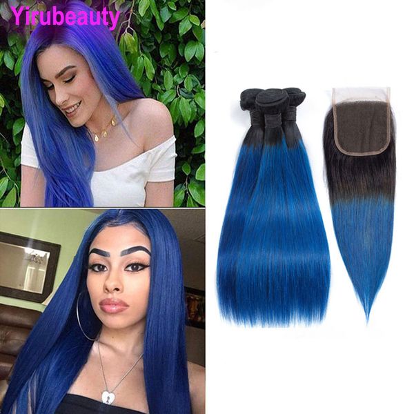 Bundles de cheveux vierges brésiliens avec fermetures droites 1B bleu 3 faisceaux avec fermeture à lacet 4X4 deux tons couleur 1b/bleu 4 pièces