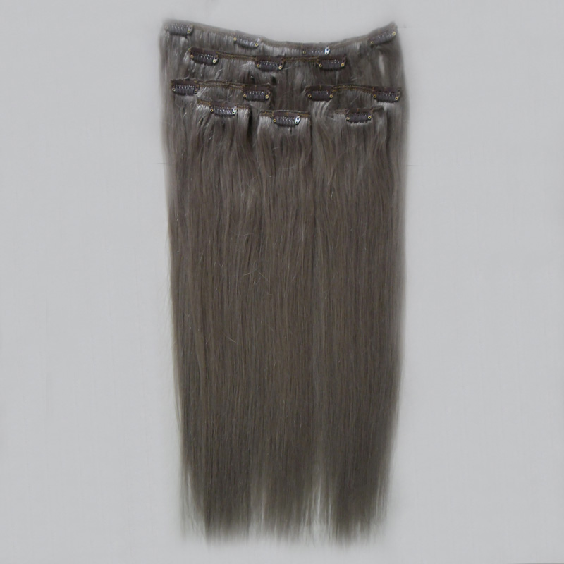 Clip de pelo virginal brasileño ins clip en extensiones de cabello gris clip en 7 unids 100g extensiones de cabello humano recto