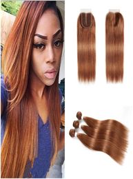 Couleur de cheveux vierges brésiliens 30 faisceaux droits Auburn clair avec fermeture en dentelle Extensions de cheveux bruns 3 offres de paquets avec fermeture4004472