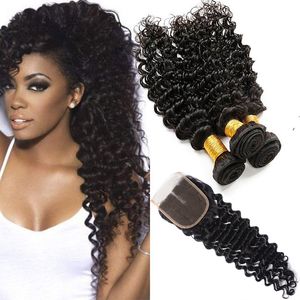 Brazilian Virgin Hair Deep Wave Bundles With 4X4 Lace Closure Baby Hair 4 Pieces/lot Deep Curly Human Hair Wefts With Closure