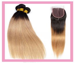 Extensions de cheveux brésiliens vierges 1B27 Ombre cheveux humains 3 faisceaux avec fermeture en dentelle 4X4 droite 4 pièceslot 1B 27 produits capillaires8656051