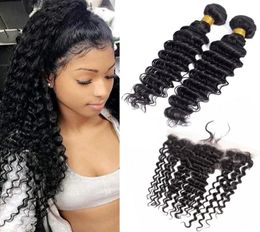 Extensions de cheveux brésiliens vierges 2 faisceaux avec dentelle frontale 13X4 3 pièces produits capillaires vague profonde 830 pouces faisceaux avec 13 By8106986