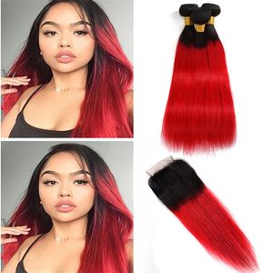 Braziliaanse Virgin Hair Extensions 3 Bundels Met 4X4 Vetersluiting Zijdeachtige Rechte 1B/rood Menselijk Haar inslagen Met Sluiting Rechte 12-24 inch