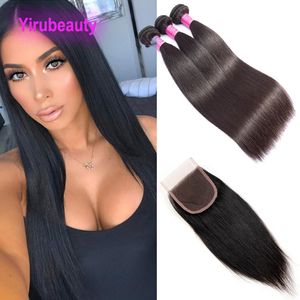 Extensiones de cabello virgen brasileño 3 paquetes con cierre de encaje 4X4 Tramas de cabello rectas baratas Cierres de encaje 10-30 pulgadas