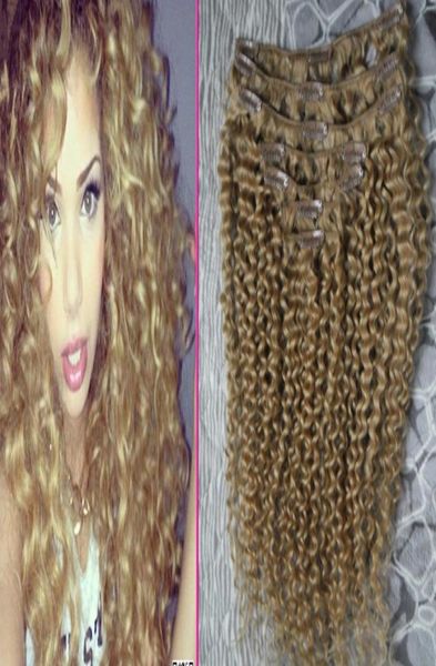 Pelo virginal brasileño rubio miel Kinky Clip ins 100g 7pcs Clip rizado rizado brasileño en extensiones de cabello humano 4973646