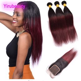 Cheveux vierges brésiliens vison 3 paquets avec fermeture à lacets 4X4 1B/99J trames de cheveux humains droits avec fermeture Extensions de cheveux de bébé