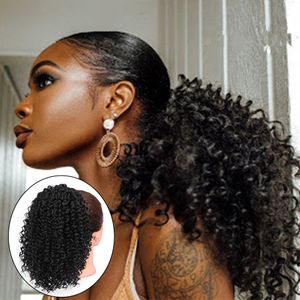 Bouffée de cordon Afro Kinky Curly Ponytail Afro-Américain Court Wrap Clip Humain en Queue de Cheval Extensions de Cheveux 120g jet puff