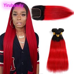 Braziliaans maagdelijk haar rechte menselijke haarextensies 3 bundels met 4x4 kanten sluiting 1B/rode haarproducten 12-24inch