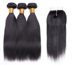 Brésilien Virgin Hair Straight Weave 4 paquets avec fermeture en dentelle noire noire non transformée indienne Peruvien Human Human Bu3019019