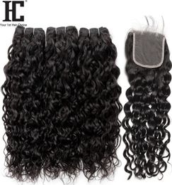 Paquets brésiliens de vague d'eau de cheveux vierges avec fermeture 4 PcsLot tissage de cheveux brésiliens cheveux humains humides et ondulés 3 paquets avec dentelle C3029289