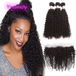 Cheveux vierges brésiliens Yirubeauty 3 faisceaux avec 13X6 dentelle frontale bébé cheveux trames avec fermetures couleur naturelle crépus bouclés