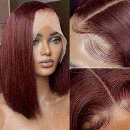 Peluca de cabello humano virgen brasileño 13X4, peluca de encaje Bob, Color 99J, liso sedoso, 10-18 pulgadas, parte media Borgoña, 130%, 150%, 180% de densidad