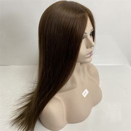 Cheveux humains vierges brésiliens 22 pouces couleur brun clair 6 # perruque juive 4x4 haut en soie perruques juives pour femme blanche