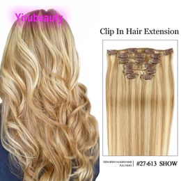 Cabello humano virgen brasileño 27/613 Clip en extensiones de cabello Clips lisos lisos en recto 14-24 pulgadas 70g 100g