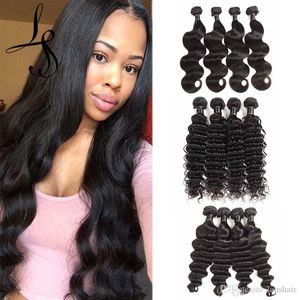 LANS 8A El cabello virgen brasileño teje 50 g / pcs Paquetes de cabello humano Extensiones Cuerpo recto Onda de agua profunda Negro natural