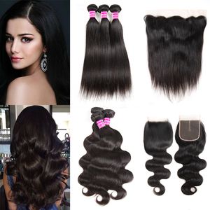 Braziliaanse Maagd Menselijk Haar Bundels Steil Haar Weeft met Sluiting Body Wave Bundels met Frontale Oor To Ear Accessoires Gratis verzending