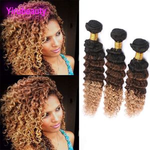 Cheveux humains vierges brésiliens Ombre 1B / 4/27 Deep Wave 3 Bundles Extensions de cheveux Double trames Deep Curly Three Tons 1b 4 27