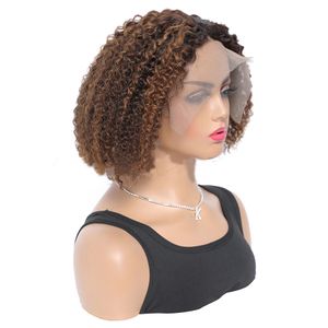 Perruque Bob Lace Frontal Wig brésilienne naturelle, cheveux humains vierges, 13x4, 10-18 pouces, crépus et bouclés, couleur piano, 130%, 150%, 180%, P4/27