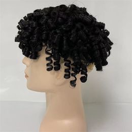 Pièce de cheveux humains vierges brésiliens 15mm Curl Units 1 # Jet Black Color 8x10 Injected Knots Full PU Toupee pour les hommes noirs