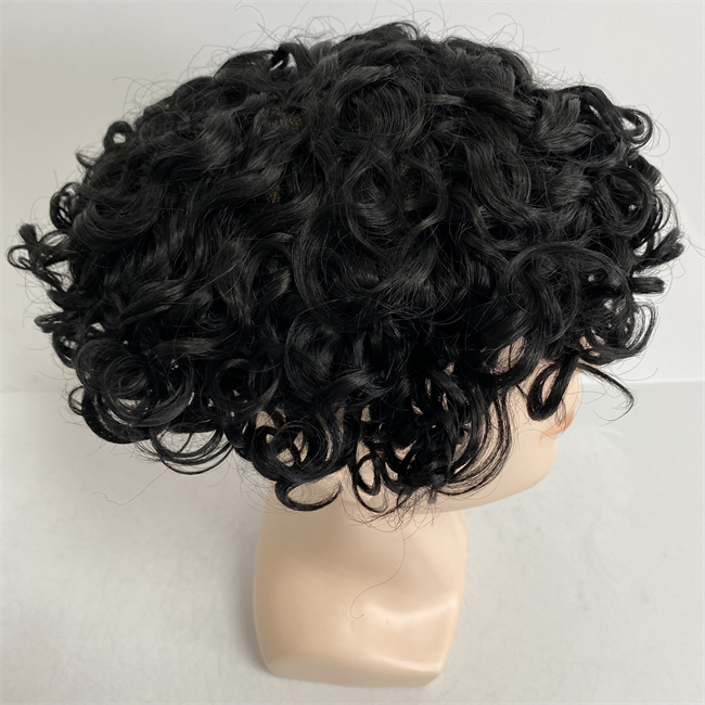 Sostituzione dei capelli umani vergini brasiliani 1 # Jet Black Color Loose Curl Swiss Lace Unit 8x10 Full Lace Toupee for Men