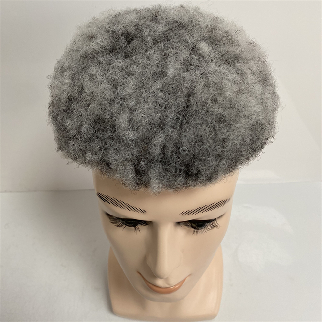 Sostituzione dei capelli umani vergini brasiliani 1B80 Grigio 4mm Afro Kinky Curl 7x9 Toupee Mono Lace Unit per Old White Men