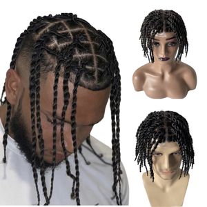 Remplacement de cheveux humains vierges brésiliens 200% densité 1 # Jet Black Twist tresses noeuds peau PU toupet pour hommes noirs