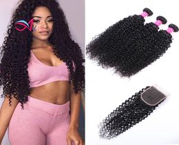 El cabello humano virgen brasileño teje extensiones Curly Natual 1B Color 3 paquetes con cierre 44 Sin procesar Alta calidad3477600