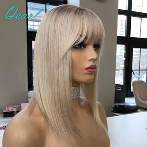 Braziliaanse Maagdelijke Menselijk Haar Pruik Verkoop Voor Vrouwen Rechte Kant Voor Met Pony Honing Platina Blonde Lijmloze Fringe Qearl