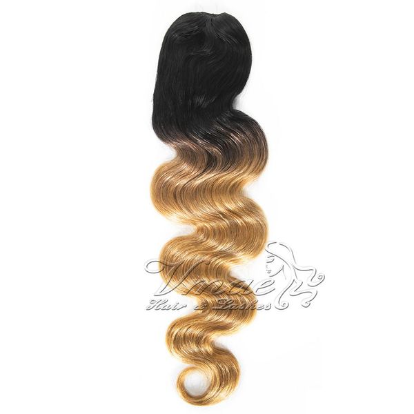 Cutícula de cola de caballo humana virgen brasileña alineada # 1B / # 27 Dos tonos Negro Rubio Ombre Color 120g Clip de onda de cuerpo largo Extensión de cabello con cordón