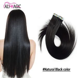 Cinta de trama de piel humana Remy virgen brasileña en extensiones de cabello 100 g / 40 piezas Cinta fuerte invisible sin costura Natural Negro Recto Brailian Indio Mongol