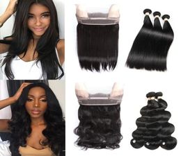 Bundles de cheveux humains vierges brésiliens avec fermeture pré-épilés 360 dentelle frontale avec cheveux de bébé vague de corps droite brésilienne vierge 4464104