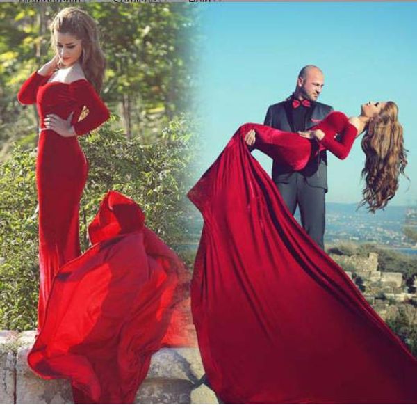 Vestidos de Noche de cola de pez de cola larga para mujer, Color rojo vino brasileño, terciopelo Watteau, vestido de noche rojo de sirena personalizado de gama alta