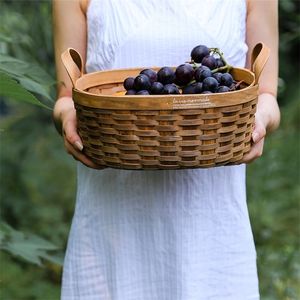 Pan japonés hecho a mano viejo mango de madera carbonizada tejido almacenamiento picnic cesta de frutas 201015