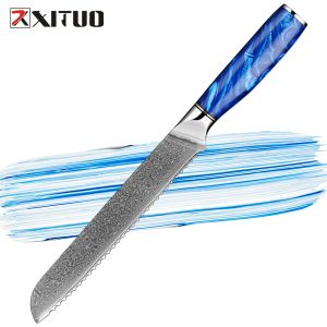 Couteau à pain 8 pouces professionnels japonais damas en acier bleu manche en résine ergonomique pro cuisine couteau colorant résistant à la corrosion