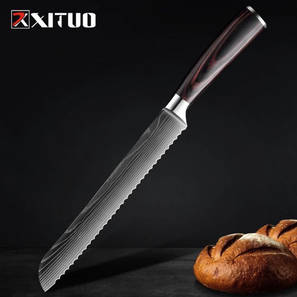 Couteau à pain, couteau dentelé de 8 pouces, Damas Laser Modèle à pain en acier Couteau pour pain fait maison, bord aigu du rasoir pour trancher le pain