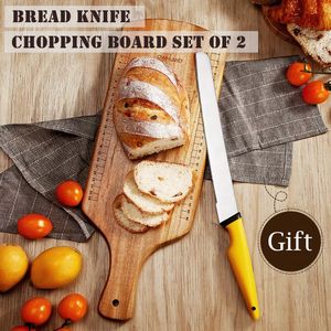 Broodmes Hout Hakbord Set van 2 Roestvrij staal Brood Mes Keuken Chef-kok Chopping Boards Vlees Vruchten Professionele Broodmes Set