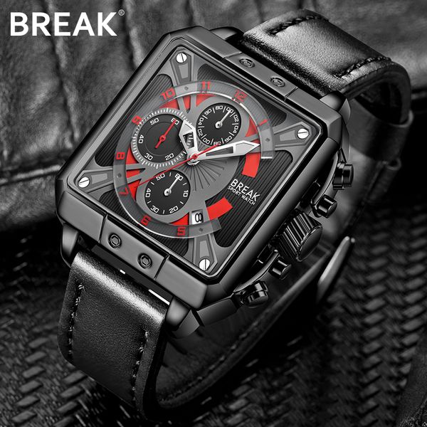 BREAK Hommes 2019 Nouveau Top Marque Quartz Sport Montre cadran carré avec bracelet en cuir Calendrier Montres-bracelets cadeaux