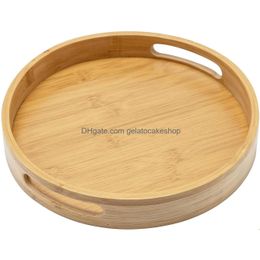 Plateaux de petit-déjeuner Plateau rond de style japonais Assiette de service alimentaire Snack en bambou Deseert Teaboard pour la livraison à domicile Jardin Housekee ou Dh7Bq