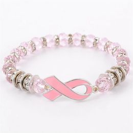 Borstkanker Awareness Kralen Armbanden Roze Lint Armband Glazen Koepel Cabochon Knoppen Bedels Sieraden Cadeaus Voor Meisjes Women321s