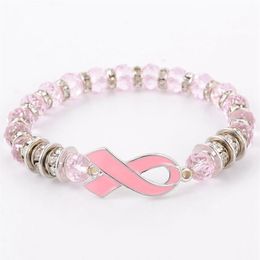 Borstkanker Awareness Kralen Armbanden Roze Lint Armband Glazen Koepel Cabochon Knoppen Bedels Sieraden Cadeaus Voor Meisjes Women269G