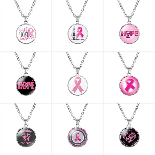 Sensibilisation au cancer du sein Colliers de ruban rose Pour les femmes Verre Faith Hope Cure Believe Lettre Pendentif chaînes Bijoux de mode en vrac