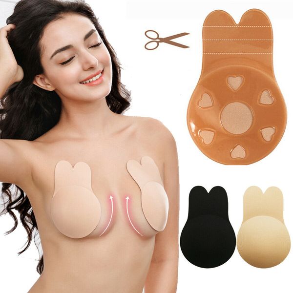 Coussinet d'allaitement Une paire de soutiens-gorge de lapin invisibles Autocollant push-up en silicone réutilisable Couverture de mamelon Sans bretelles Boucle avant Lift Bra Boob Pads 230614