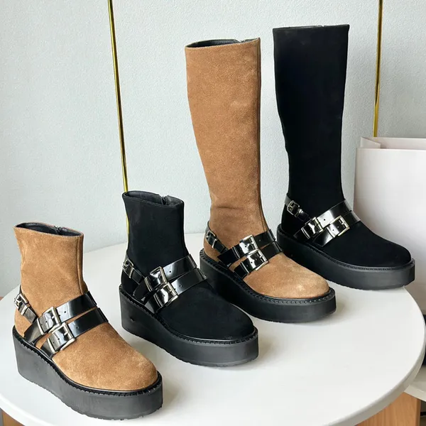 Chaussures compensées à poitrine Sac en cuir marron Bottines de combat Plate-forme à lacets Bout rond Bottes plates à talons hauts Chunky designer de luxe haut bas haut pour usine pour femmes