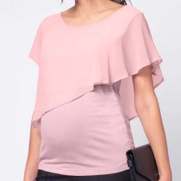 Borstvoeding Kleding Losse Dames Maternity Nursing Wrap Double Layer Korte Mouw Pregancy Blouse T-shirt voor zwangere vrouwen LJ201119