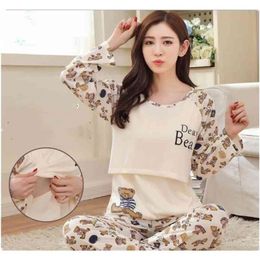 Borstvoeding Moederschap Pyjama Sets Katoenen Horgenleer Dameskleding Nachtkleding Lange Mouwen Top + Broek Nursing Nightgown D0077 210918