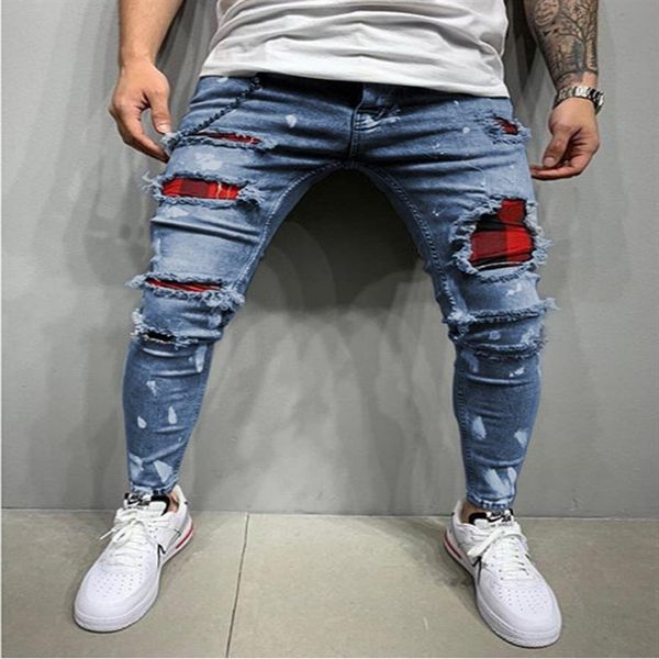 Pantalones vaqueros transpirables y cómodos para hombre con patrón de cuadros rojos y negros Pantalones pitillo con agujeros Cool Street Style267F