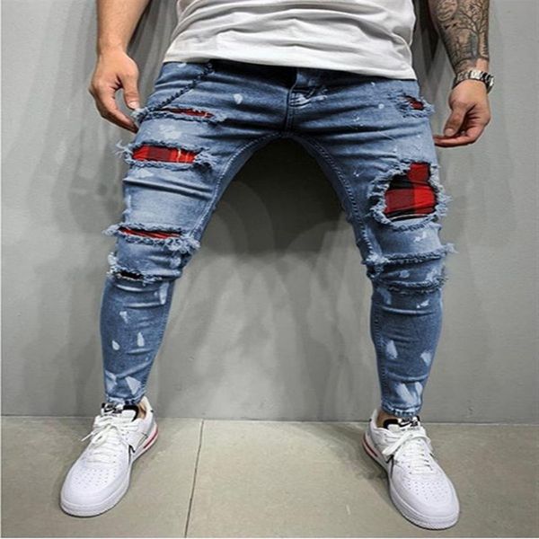 Pantalones vaqueros transpirables y cómodos para hombre con estampado de cuadros rojos y negros, pantalones ajustados con agujeros, Cool Street Style331i